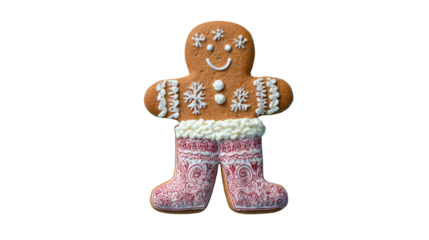 Christmas cookie design: gingerbread man with frosting pants and boots, top view isolated on a Transparent background, PNG file.