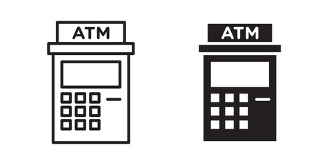 ATM icon ,  automated teller machine with text flat vector icon for banking apps and websites . Vector illustration with stroke and fill on a white background.