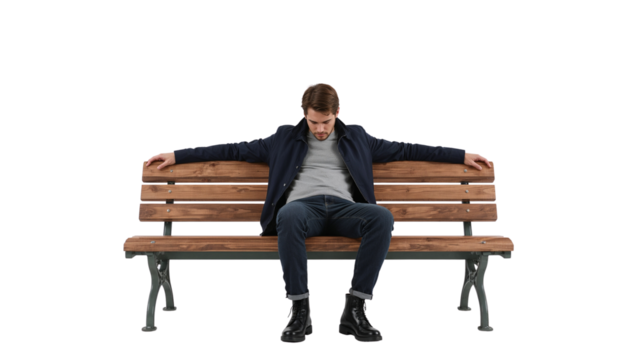 Man sitting alone on park bench looking down feeling sad and depressed in isolation and loneliness concept on transparent background