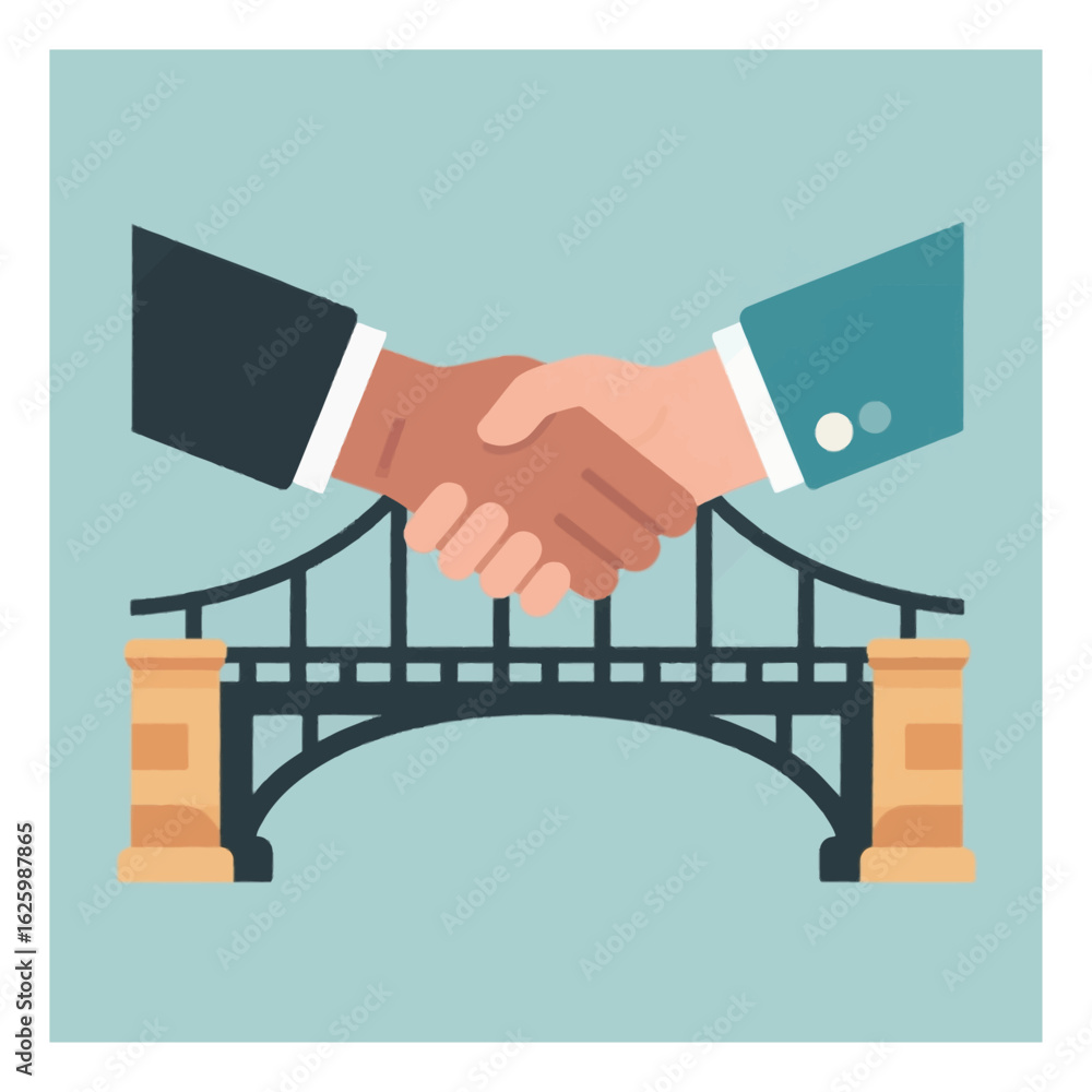 Poster illustration of a handshake symbolizing collaboration above a bridge, representing connection and pa