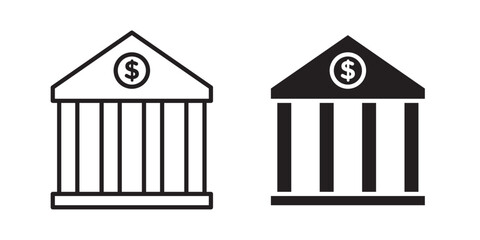 Bank icon, line art design . Vector illustration with stroke and fill on a white background.