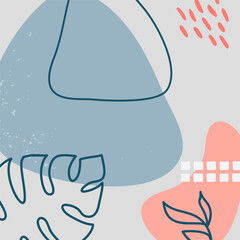 Modern abstract background featuring organic shapes, leaves, and lines in pastel blue, pink, and gray, ideal for social media, websites, and marketing materials