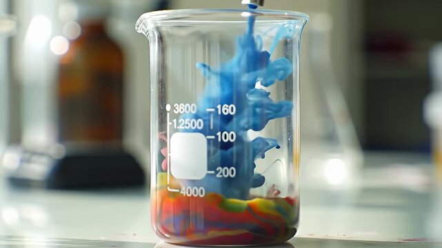 Colorful dye swirls within a glass beaker in a scientific lab setting; blurred background