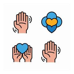 Fototapeta premium Illustration set featuring hands in various positions alongside a stylized heart and clover design, symbolizing care and support