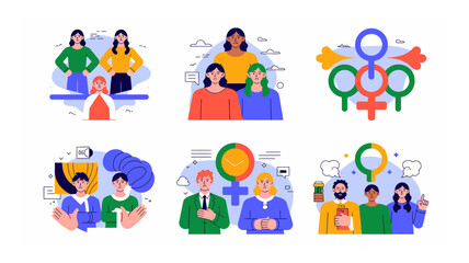 Illustrations depicting gender inequality and discrimination issues in modern society through flat design visuals highlighting social issues and stereotypes