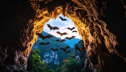 Bats Flying Out of Cave with Halloween, Nature, Wildlife, Dark, and Scary.