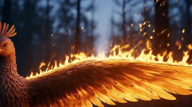 A majestic phoenix bird engulfed in flames, rising from a dark forest.