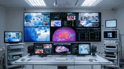 Command center of high-tech operating room, featuring large screen wall displaying live surgical feed, patient vital, detailed brain scans, emphasizing modern medical technology data-driven healthcare