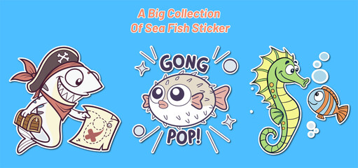 Collection of Sea Fish Stickers with Pirate Shark Pufferfish Seahorse and Fish on Blue
