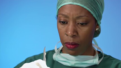 Focused surgeon in scrubs with mask, looking down, against a blue background, indoor - Powered by Adobe