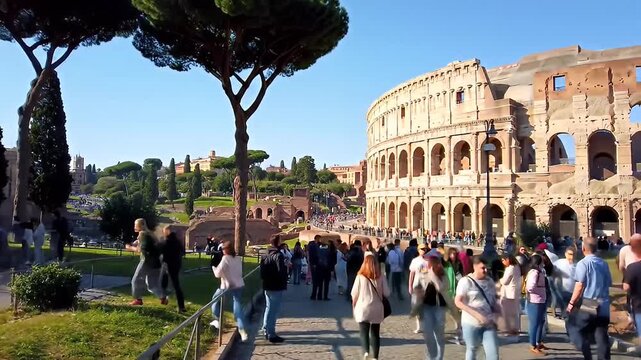A crowd of people approach a colossal amphitheater ruin in sunny daylight in Europe