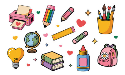 Vibrant School Supplies and Educational Elements Illustration Featuring Books, Globe, Backpack, Stationery and Creative Tools for Back to School Concepts, Vectors, Icons