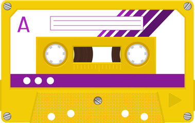 Yellow and purple audio cassette featuring a blank label evokes nostalgia for vintage music, capturing the essence of the iconic analog sound recording era of the 80s and 90s