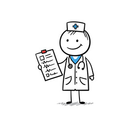 Cartoon doctor smiling while holding medical chart with checklist  