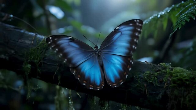 A beautiful blue Morpho butterfly with its wings spread, perched on a mossy tree branch in a humid tropical forest