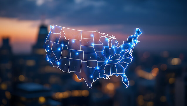 United States map glowing with connections over city skyline network digital - Powered by Adobe