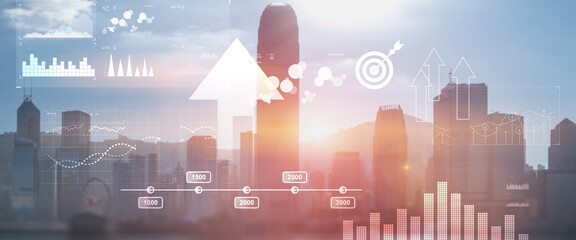 Modern abstract Blurred modern economic growth. Arrows up on city background