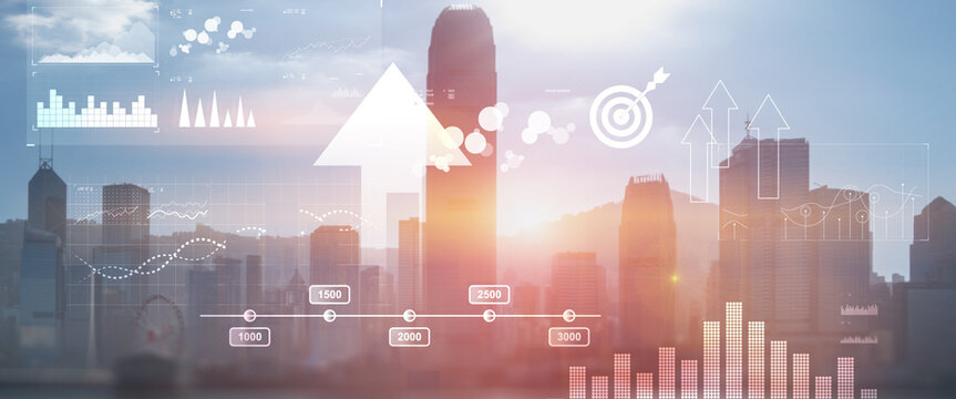 Modern abstract Blurred modern economic growth. Arrows up on city background - Powered by Adobe