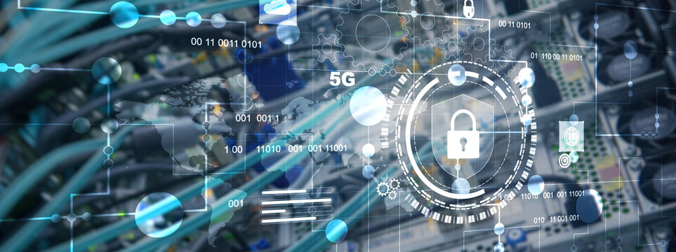 Cyber protection shield icon on server room background. Information Security 2025 - Powered by Adobe