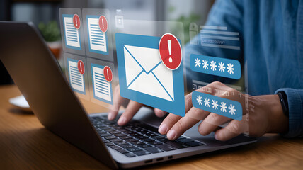 Urgent email alerts and password security concerns on laptop computer screen
