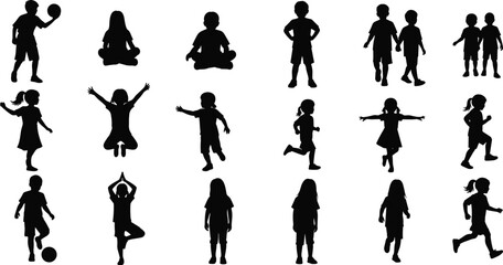Cad Drawing Flat Vector Illustration, Silhouettes of Children, Play and Rest Poses, Educational Graphic Pack, Editable Youth Activity Icons