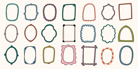 Doodle Mirror Frame Set. Vintage Wall Gallery Painting Border. Cartoon Vector Illustration