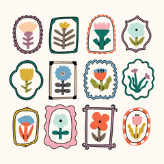 Flower Postage Stamp Postcard Set. Cute Floral Spring Blossom Postal Frame. Hand Drawn Vector Illustration