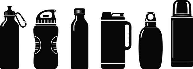 Cad Drawing Flat Vector Illustration, Water Bottle Silhouettes, Reusable Container Icons, Minimalist Shapes, Outdoor Hydration Gear, Eco-Friendly Theme