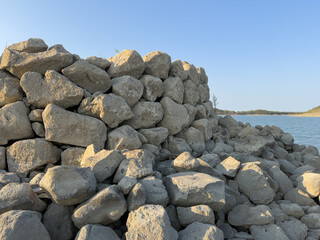 Ancient nuraghe and giants' tomb submerged by Monte Prano lake in Tratalias Sardinia