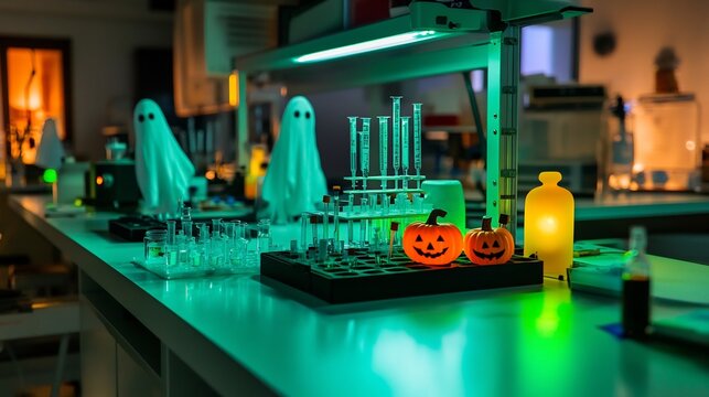 Cell counter in a Halloween themed lab with spooky decorations like mini pumpkins ghost figures and eerie green lighting bringing a playful and mysterious vibe to the scientific environment