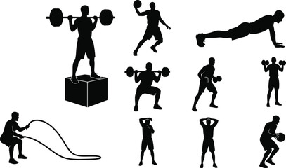 Gym Exercise Silhouette Vector Set, Strength Training Clipart Bundle, Editable Fitness Icons Pack, Black CAD-Style Workout Graphics