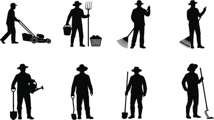 Flat Vector CAD Drawing Silhouette Set, People Gardening and Farming, Hand Tool Poses, Outdoor Chore Icon Pack, Editable Graphic Series