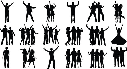 Celebration Silhouette Vector Set, People Dancing and Cheering Clipart, Community Poses Pack, Black Editable CAD Icons Bundle