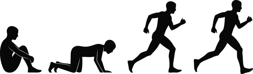 Human Movement Silhouette Set, Seated to Crawling to Running Poses, Black Vector Clipart, Evolution Concept, Editable Illustration