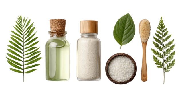 Clean beauty products with natural ingredients labeled, isolated on a Transparent background, PNG file.