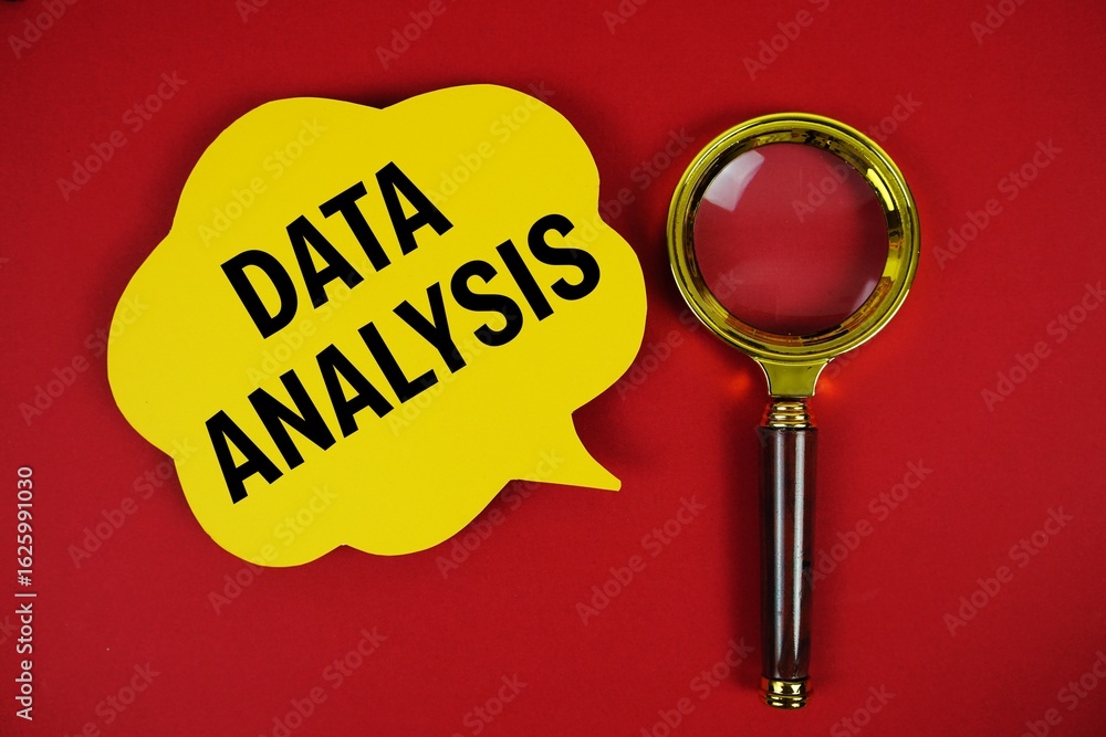Poster data analysis text with speech bubble and magnifying glass on red background