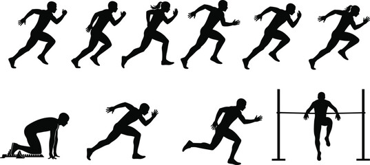 Sprinter and Hurdler Silhouette Vector, Black CAD Clipart in Running Cycle Poses, Editable Athlete Icons for Fitness, Sports Graphics