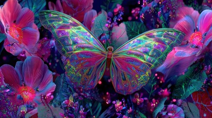 Vivid butterfly centered amidst blooming flowers, rich colors and intricate floral foliage