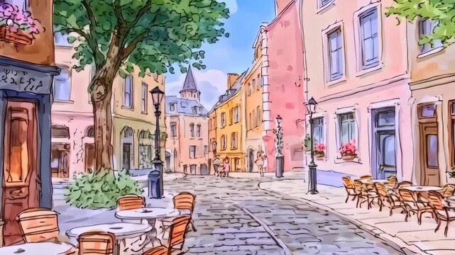 Animated Journey Through a Picturesque European Town with Cobblestone Streets and Cafes