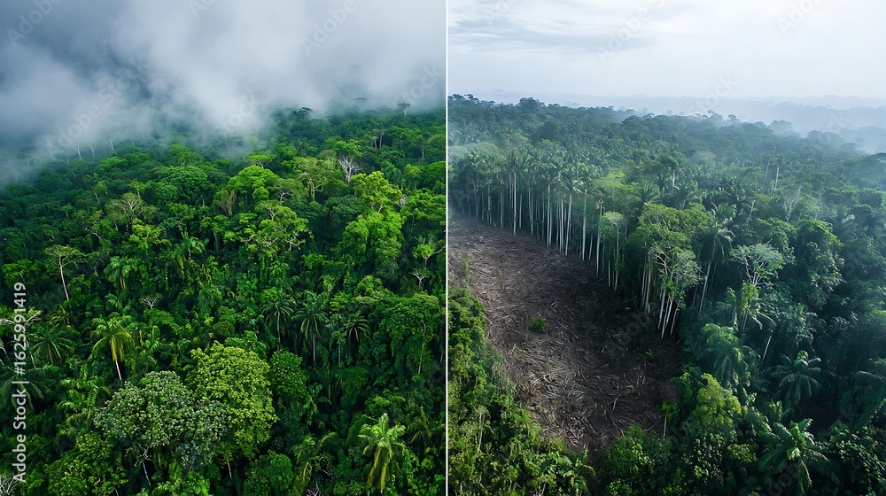 Poster aerial view showing deforestation comparison with lush forest and cleared land side by side image sc