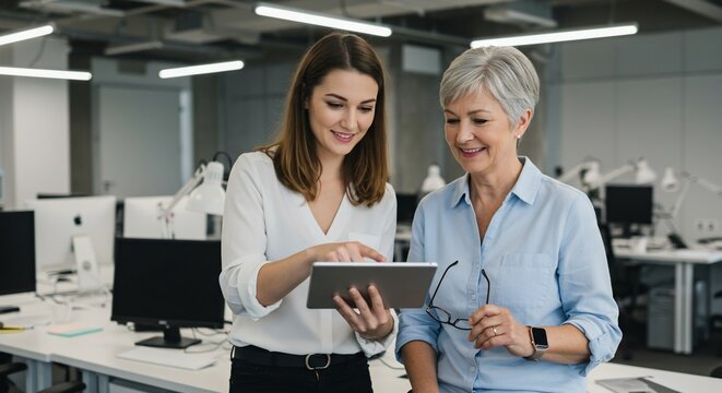 Two smiling businesswomen collaborate using a tablet in a modern office setting