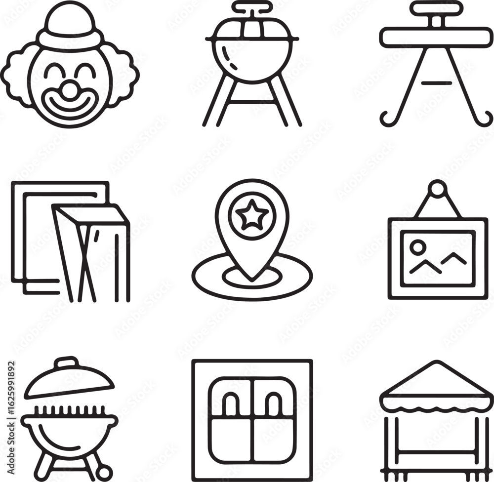 Poster a collection of simple black and white outline icons representing various themes including a clown f