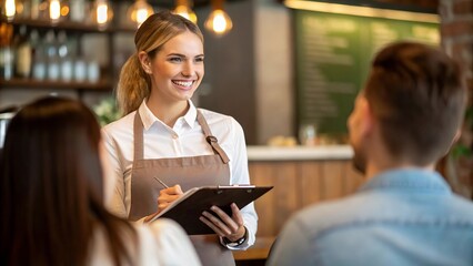 Smiling young waitress taking an order from a couple at a cozy café, friendly interaction showcasing excellent customer service and hospitality charm. Suitable for marketing or business purposes
