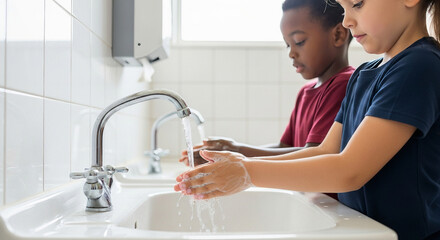 School Children Washing Hands with Soap for Global Handwashing Day Awareness