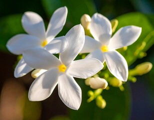 Fototapeta premium Close-up of three pristine white flowers with yellow centers, backlit, showcasing delicate petals and subtle shadows
