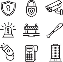 Collection of security and protection icons including a shield with a keyhole padlock surveillance camera alarm barrier baseball bat flashlight telephone and building