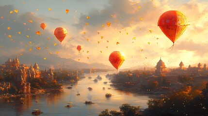 Celebration for Basant with platters of fried fish stuffed parathas and colorful desserts under bright yellow kites flying high in the sky