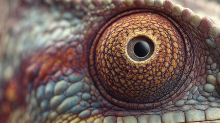 Fototapeta premium Chameleon's Focused Gaze: A mesmerizing close-up of a chameleon's intricate eye, revealing the depth of its gaze with striking detail, highlighting nature's extraordinary design and color.