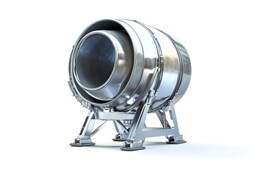 Polished metal jet engine component on a stand