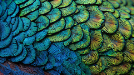 Intricate Plumage: Detailed shot of vibrantly colored peacock feathers, the vibrant hues are artfully showcased, creating a visual symphony of texture and detail. 